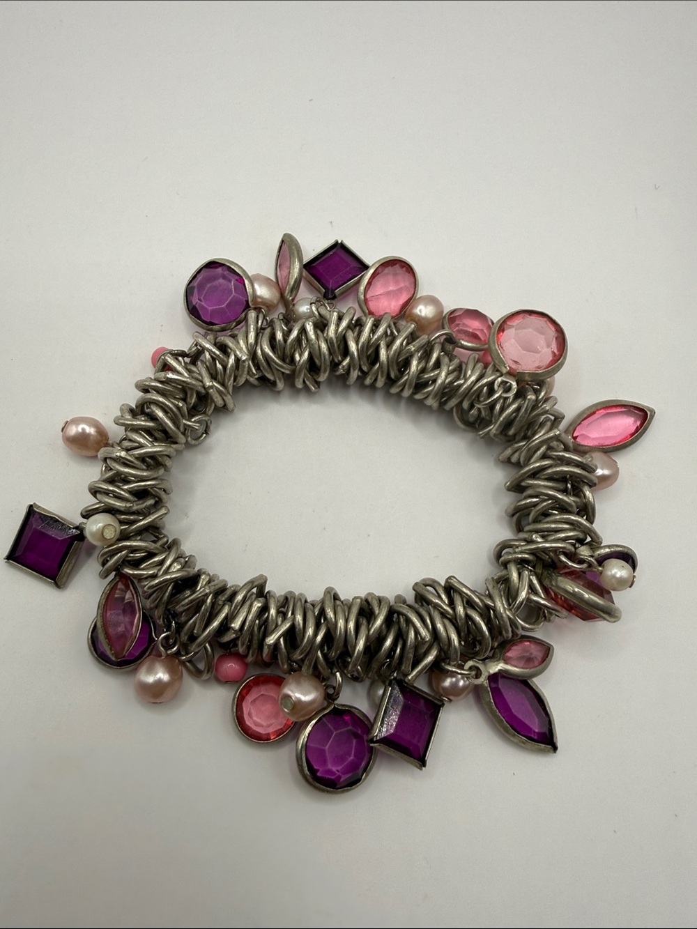 Vintage Silver Tone Pink Purple Beaded Charm Bangle Cuff Statement Bracelet